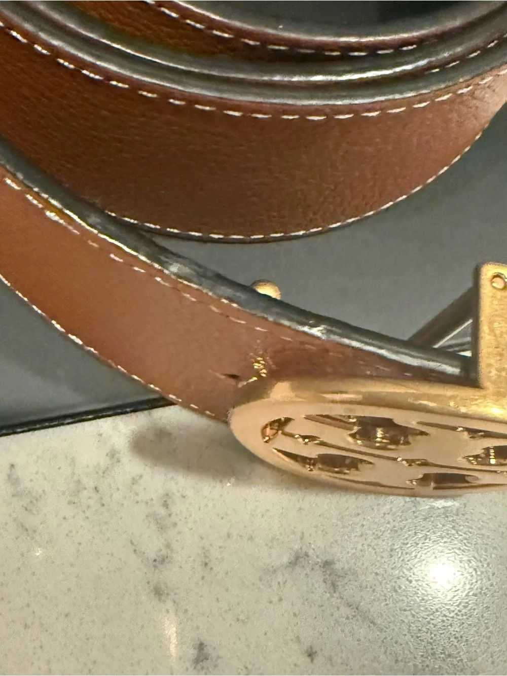 Tory Burch Brown Leather Belt with Gold Logo Buckle